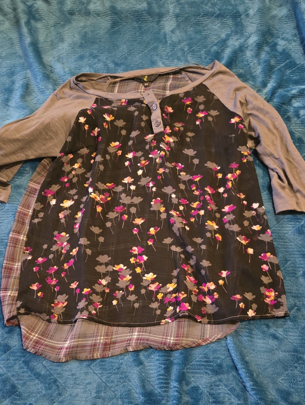 Floral Raglan Henley Top - Black with Pink & Yellow Accents